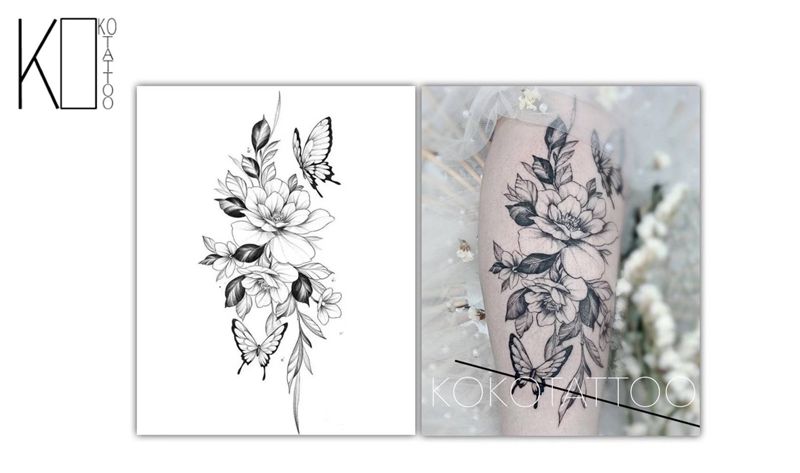 素花纹身图片_腿部点刺素花小清新大腿纹身图案