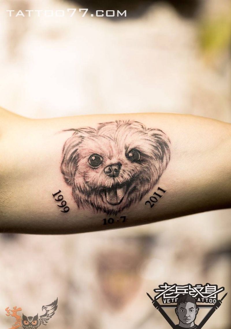 宠物狗纹身图片_手臂成品欧美写实动物纹身图案