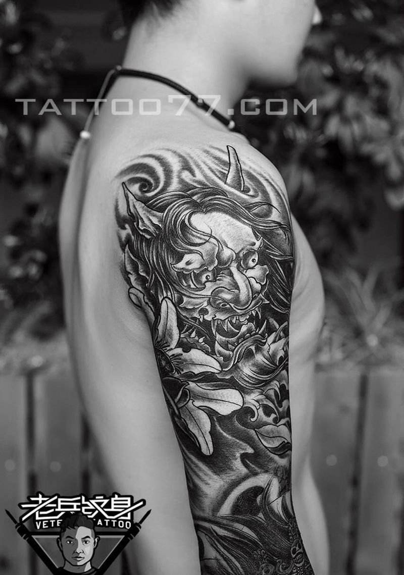 般若莲花纹身纹身图片_成品手臂传统人物植物纹身图案