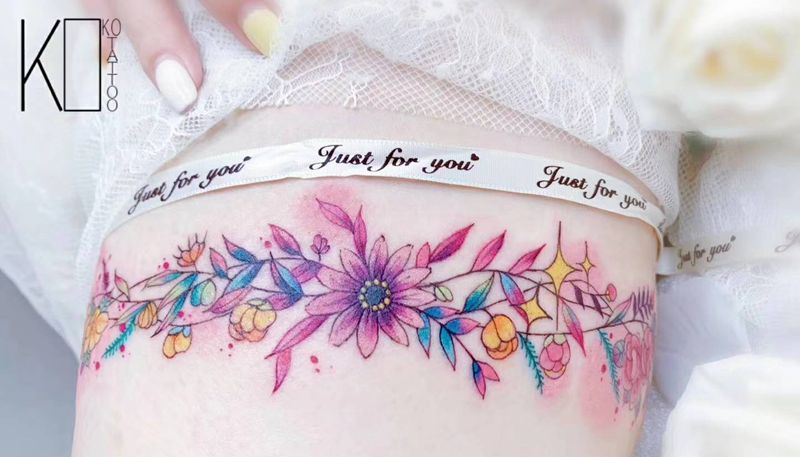 腿环纹身图片_腿部水彩一人一图定制设计腿环纹身图案