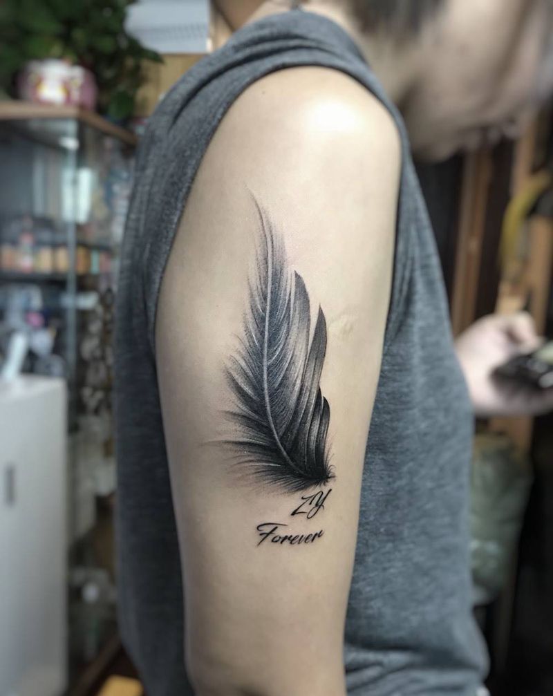 羽毛纹身遮盖纹身图片_成品手臂清新动物纹身图案