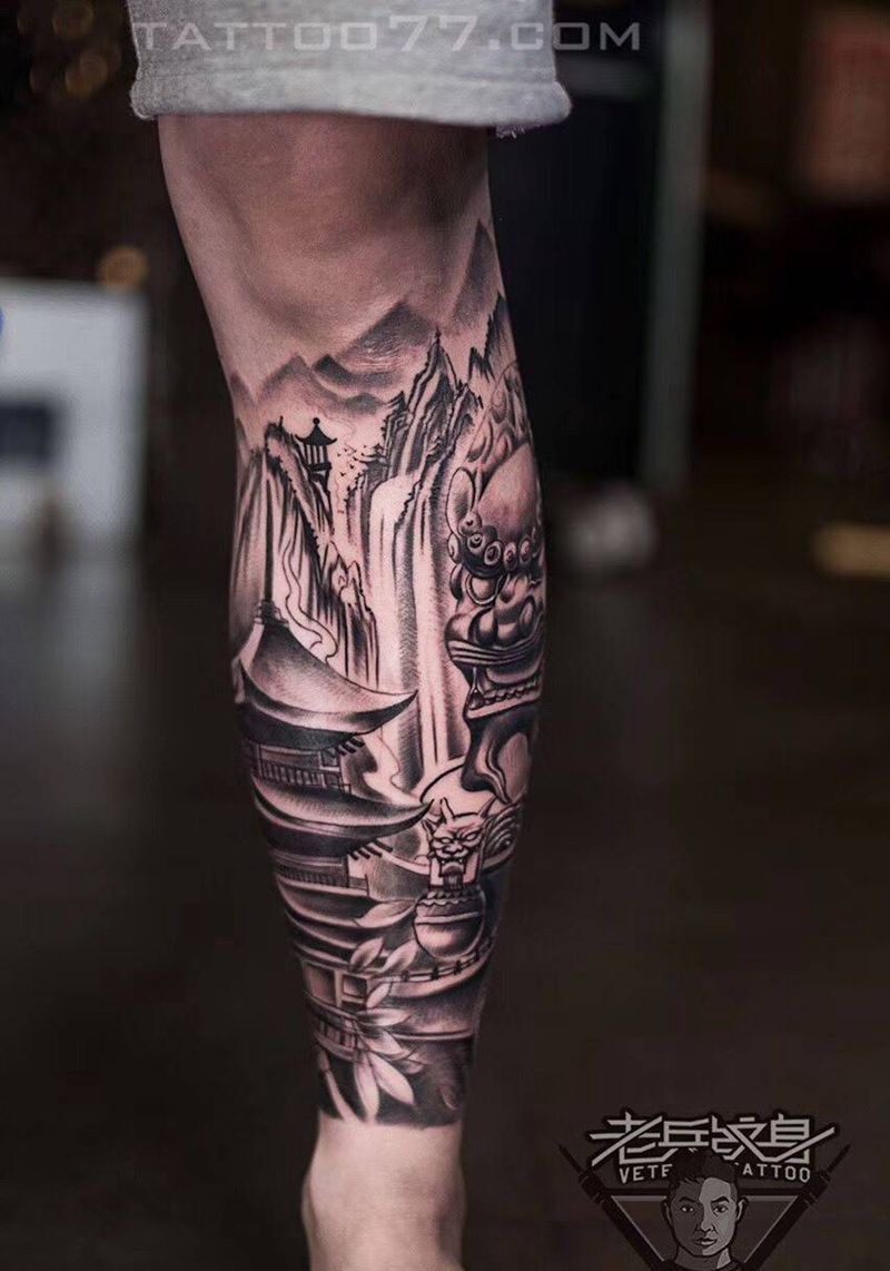 小花腿石狮子纹身作品纹身图片_成品腿部传统纹身图案