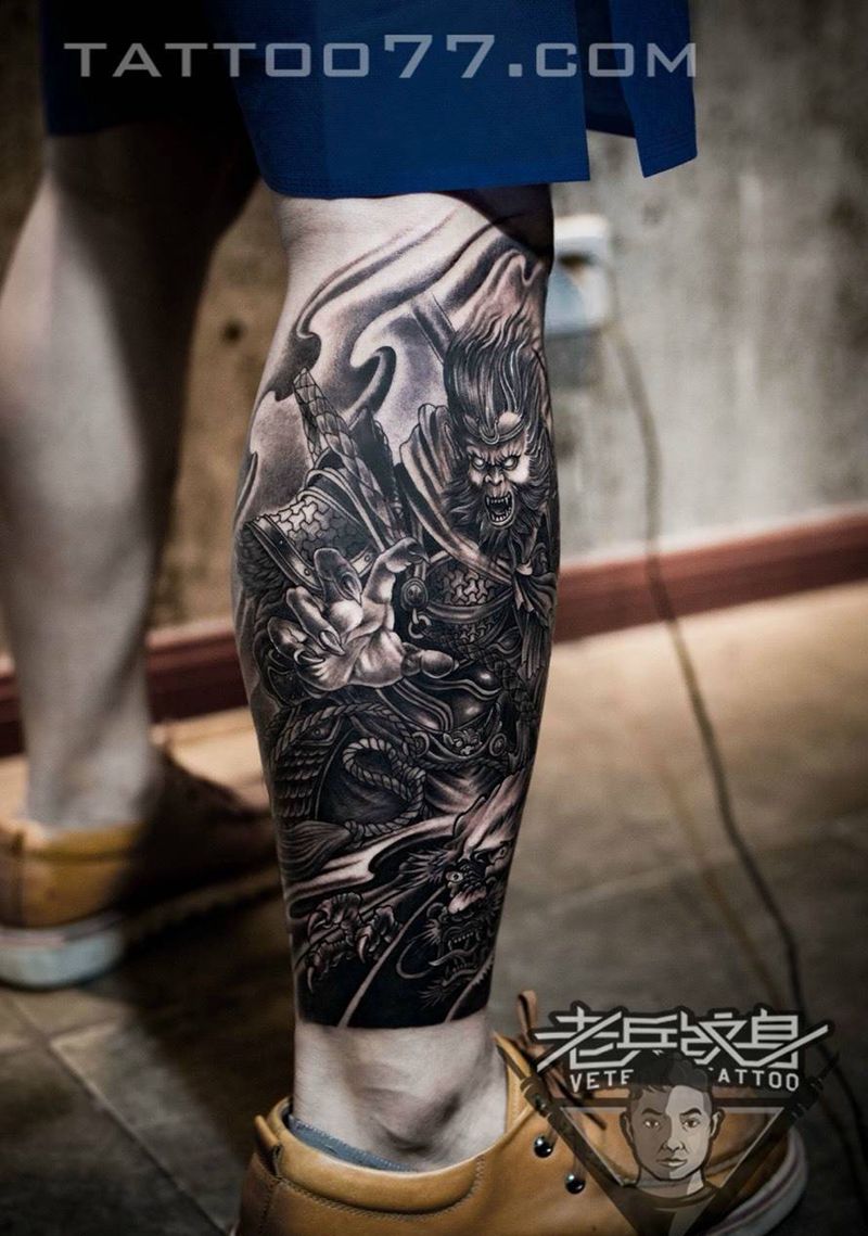 小腿斗战圣佛纹身作品纹身图片_成品腿部传统鬼神人物纹身图案
