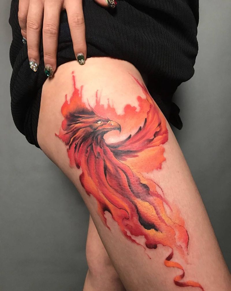 插画凤凰一枚纹身图片_成品腿部臀部欧美动物原创武汉纹艺刺刻纹申坤纹身图案
