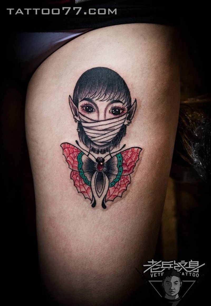 蝴蝶精灵纹身作品纹身图片_成品腿部肖像人物动物纹身图案