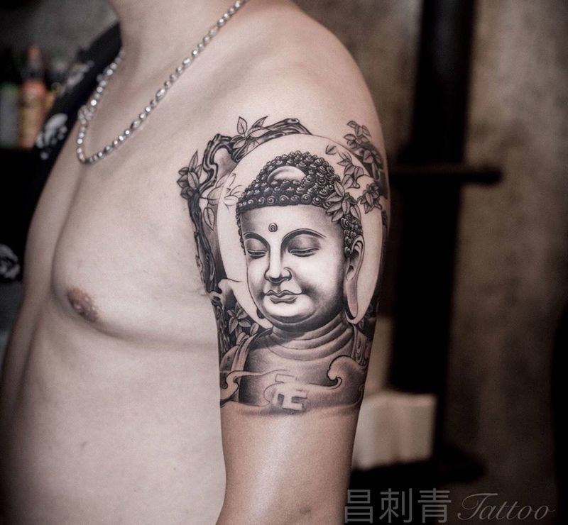 大臂大人如来纹身图片_成品肩部手臂手部传统写实鬼神人物宗教纹身图案