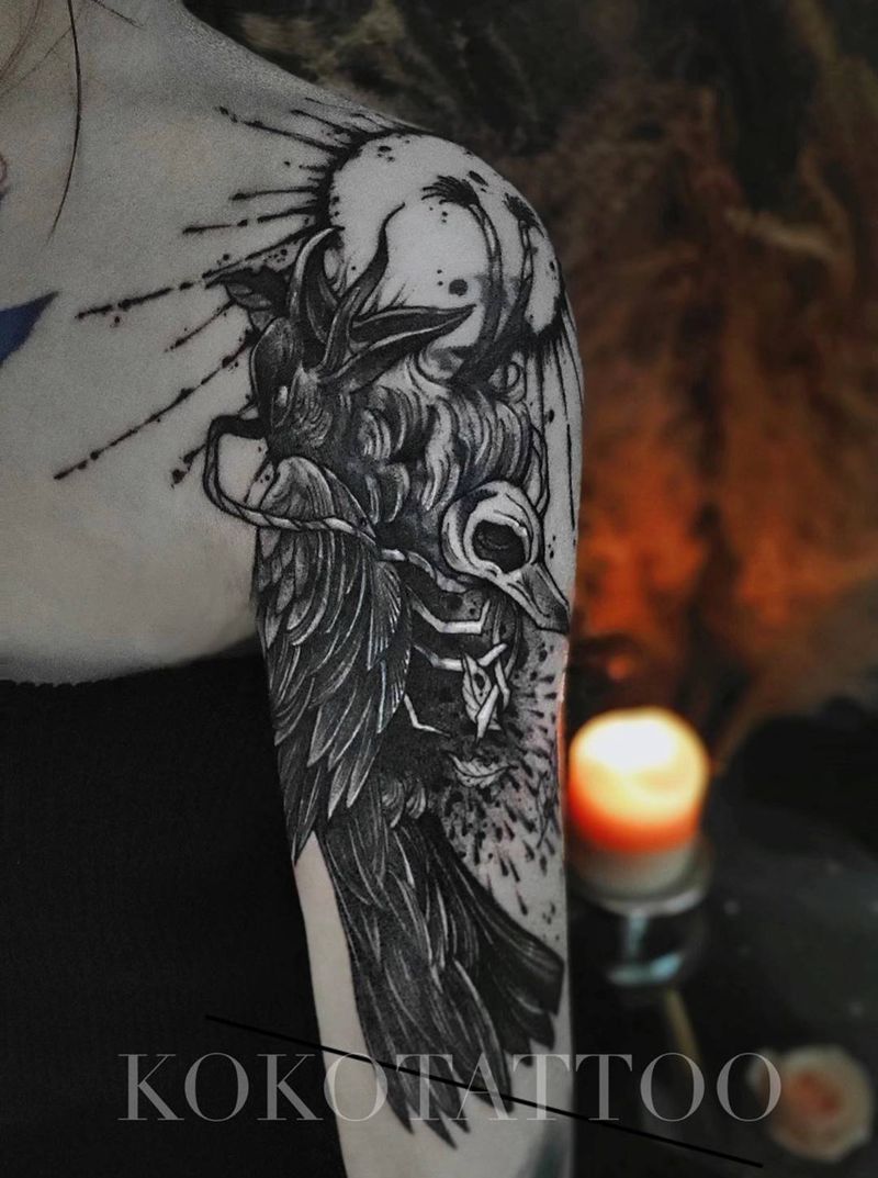 乌鸦纹身图片_手臂点刺暗黑乌鸦定制设计纹身图案