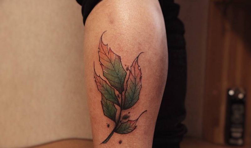 树叶纹身图片_清新腿部成品植物纹身图案