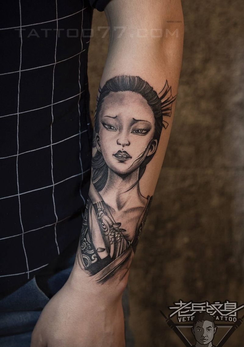 艺妓纹身图片_成品手臂欧美肖像人物纹身图案
