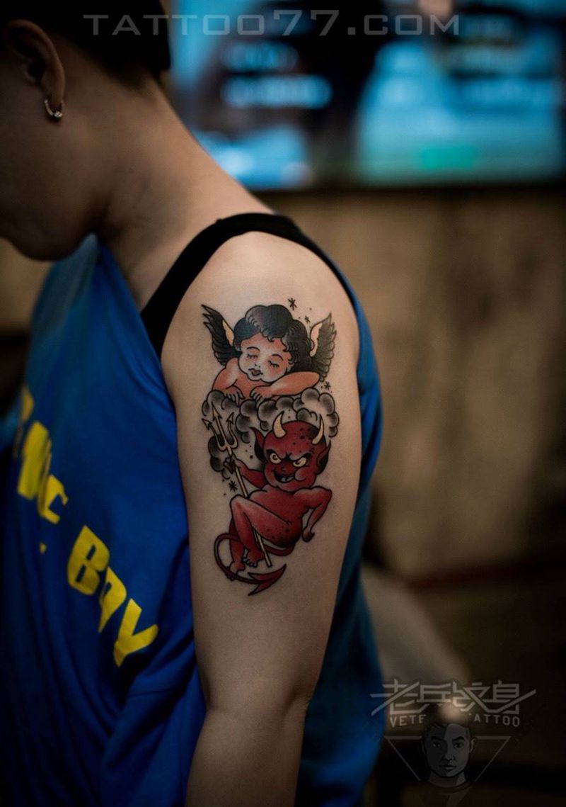 大臂天使恶魔纹身作品纹身图片