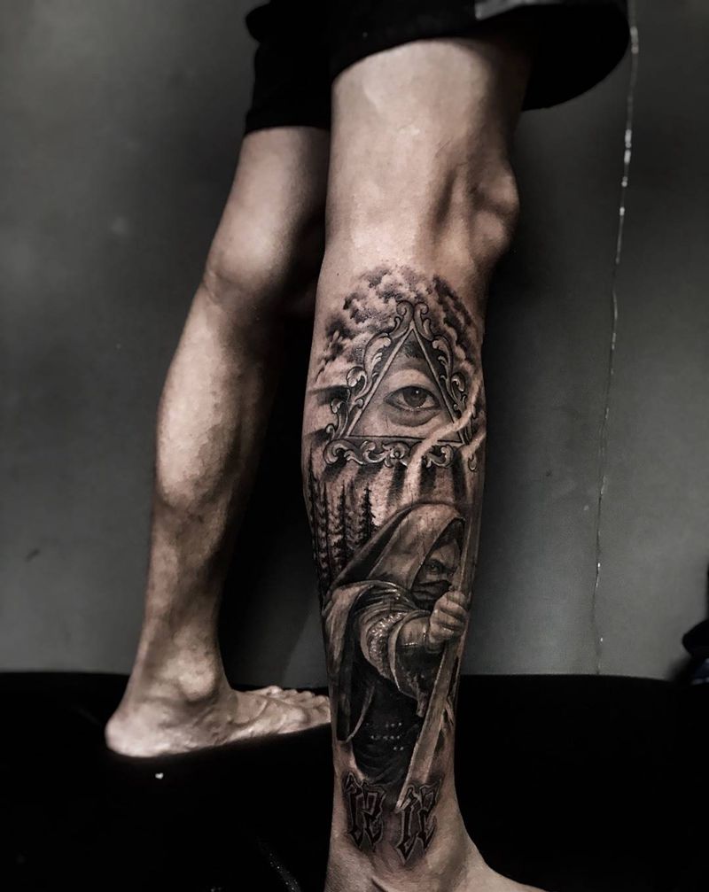 射手纹身图片_成品腿部欧美写实武汉纹艺刺刻纹申坤人物纹身图案