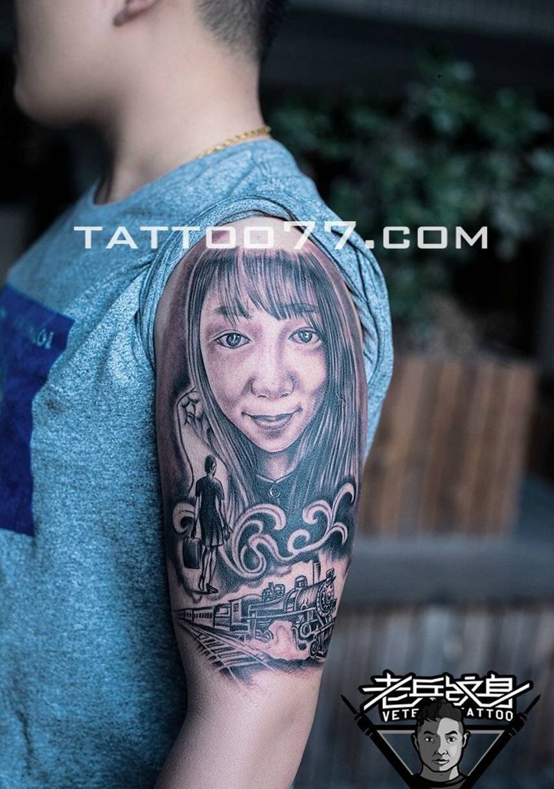 大臂肖像印第安女郎蝴蝶结纹身作品纹身图片_成品手臂肖像清新人物静物纹身图案