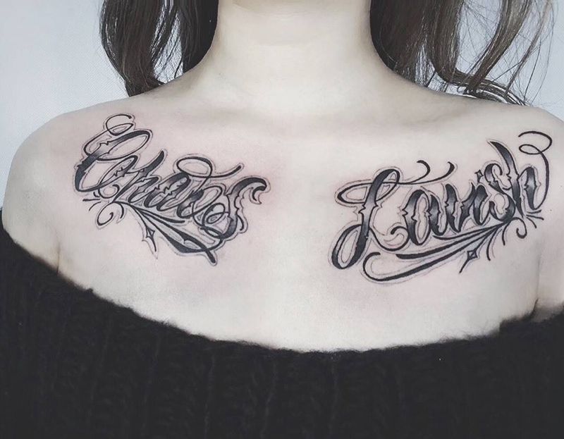 chicano letter纹身图片_肩部花体字chicano纹身图案