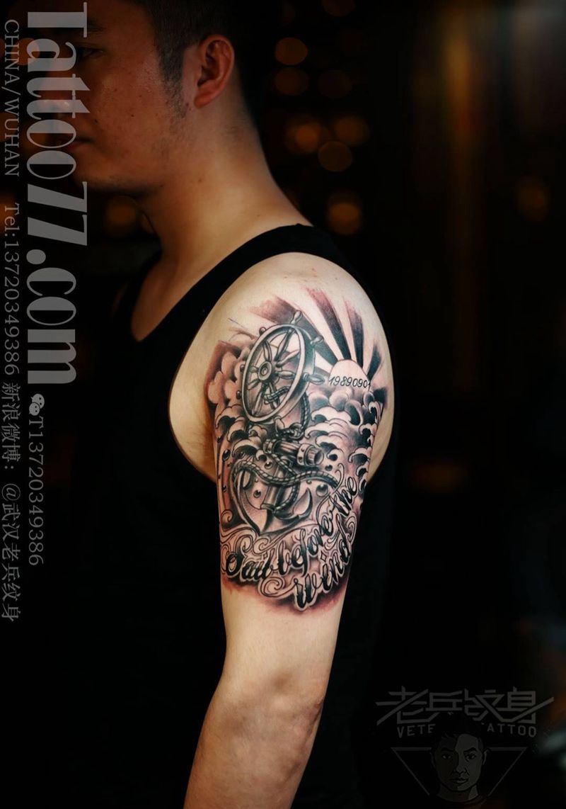 船锚水浪纹身图片_成品手臂欧美宗教原创写实传统纹身图案