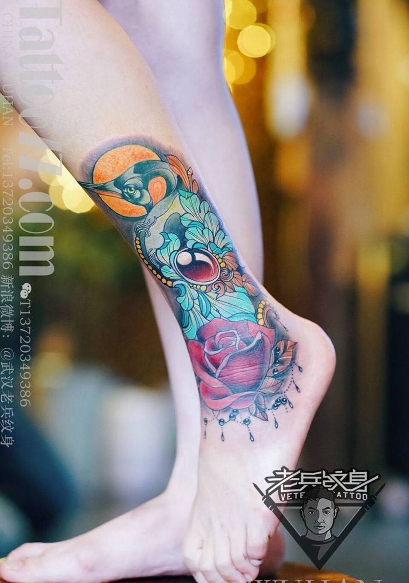 小腿school 纹身作品纹身图片_成品腿部欧美动物纹身图案