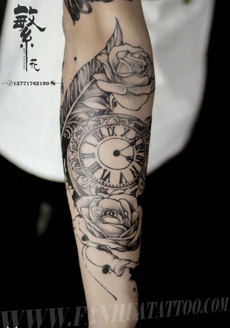 黑灰拼接花臂纹身图片_手臂欧美静物成品纹身图案