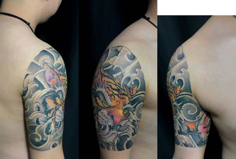 虎纹身图片_手臂手部新传统New School虎纹身图案