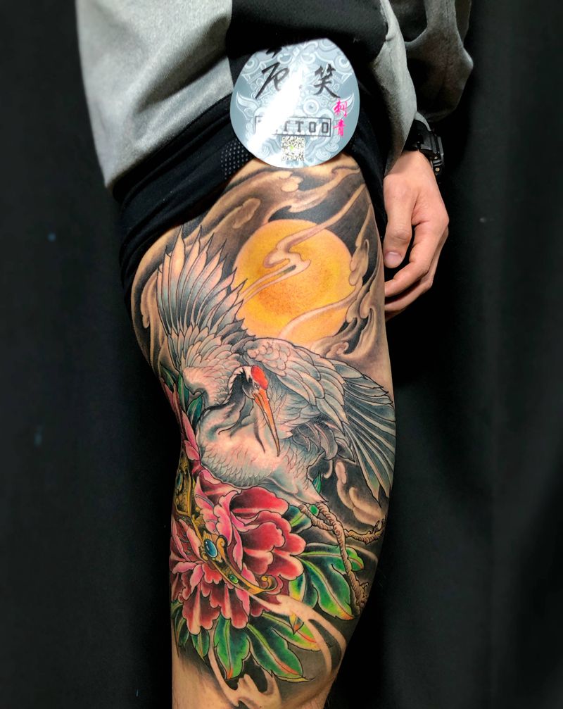 仙鹤纹身图片_腿部臀部新传统水彩仙鹤牡丹花如意纹身图案