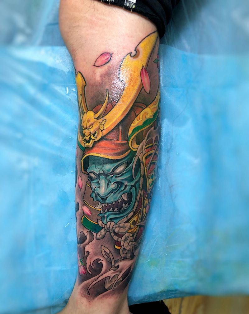 新传统鬼武士纹身图片_脚部腿部新传统老传统鬼武士般若纹身图案