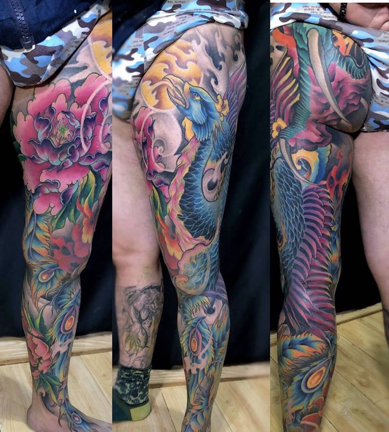 凤凰纹身图片_脚部腿部新传统老传统凤凰牡丹花火焰纹身图案