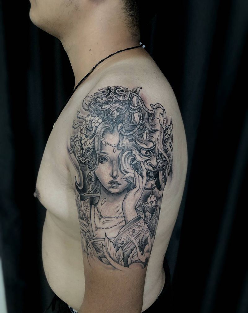 艺妓纹身图片_手臂肩部新传统般若艺妓纹身图案