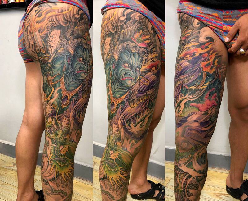 不动明王纹身图片_腿部脚部新传统老传统不动明王龙火焰纹身图案