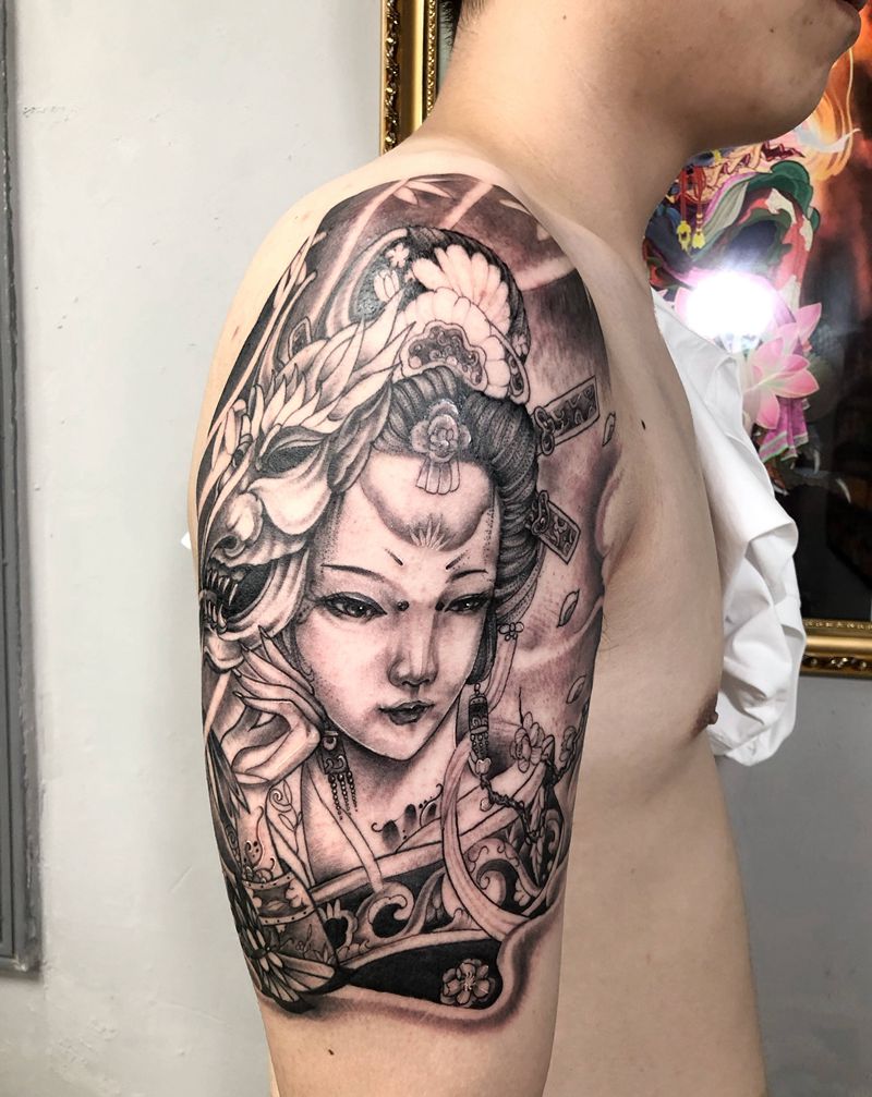 艺妓纹身图片_手部手臂新传统艺妓般若纹身图案