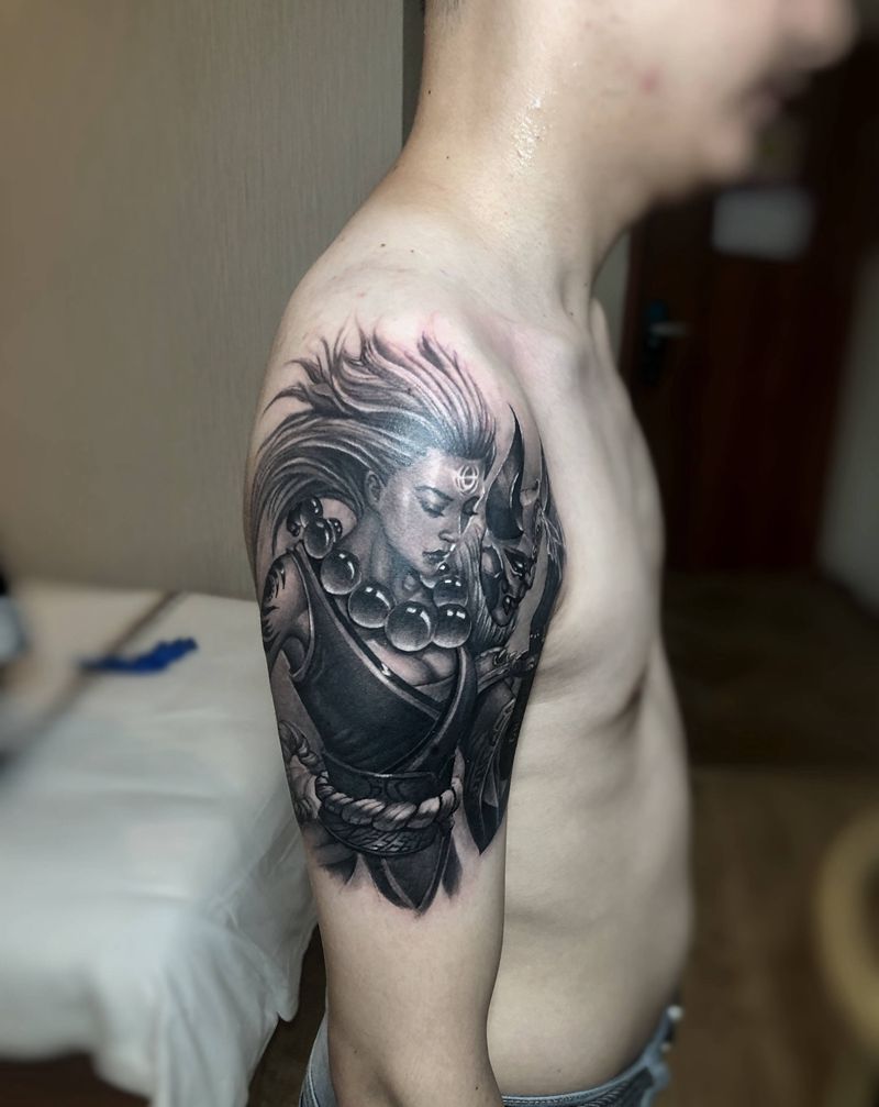 皎月：英雄联盟纹身图片_手臂手部新传统欧美写实英雄联盟般若艺妓纹身图案