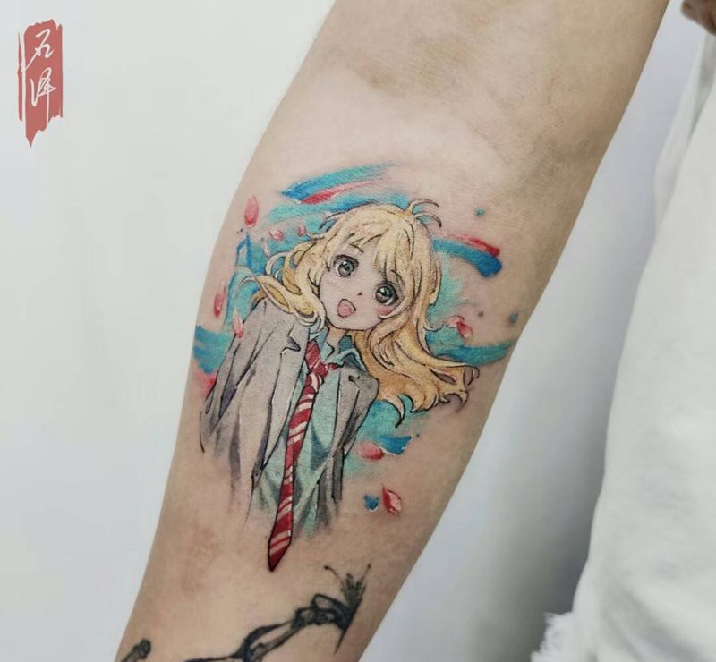 四月是你的谎言纹身图片_手臂水彩人动漫纹身图案