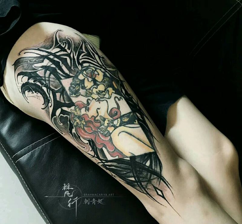 花体字添加纹身图片_腿部新传统花体字花体字纹身图案