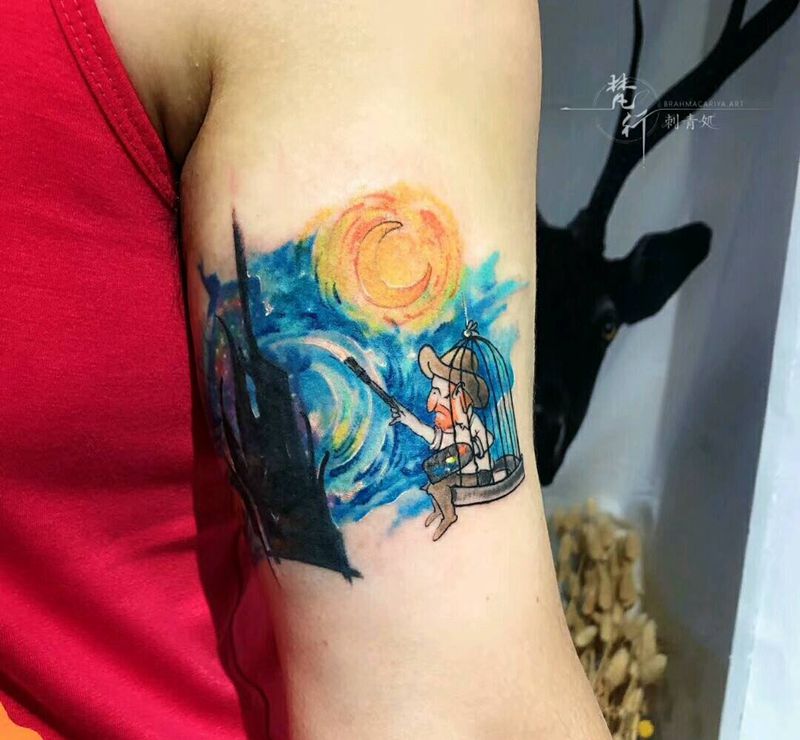 遮盖纹身图片_手臂新传统水彩星空人物纹身图案