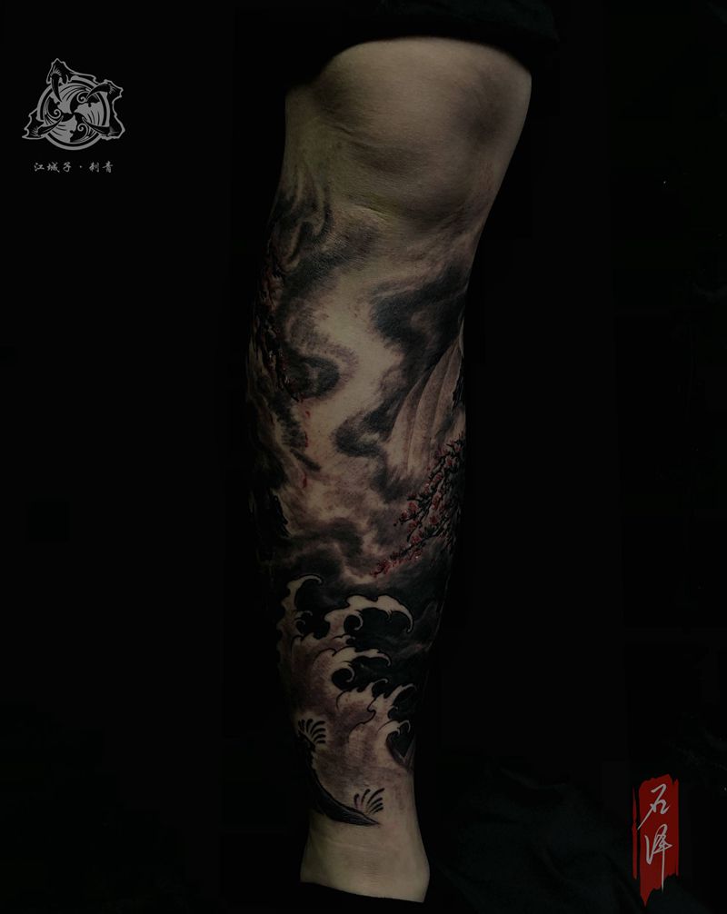 春江花月夜纹身图片_腿部新传统船楼阁国风纹身图案