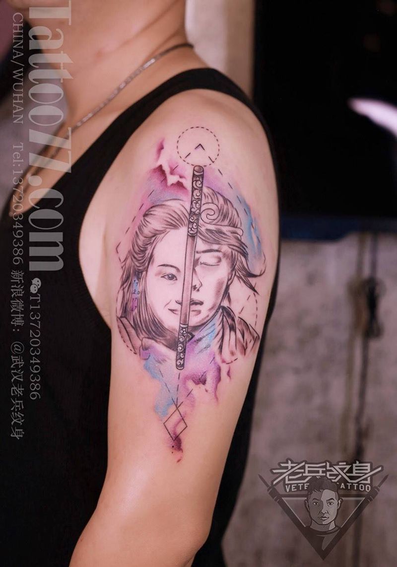 大臂紫霞仙子至尊宝纹身作品纹身图片_成品手臂肖像人物纹身图案