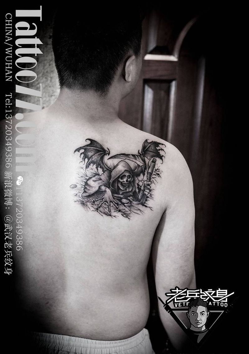 后背死神纹身纹身图片_成品背部欧美鬼神纹身图案