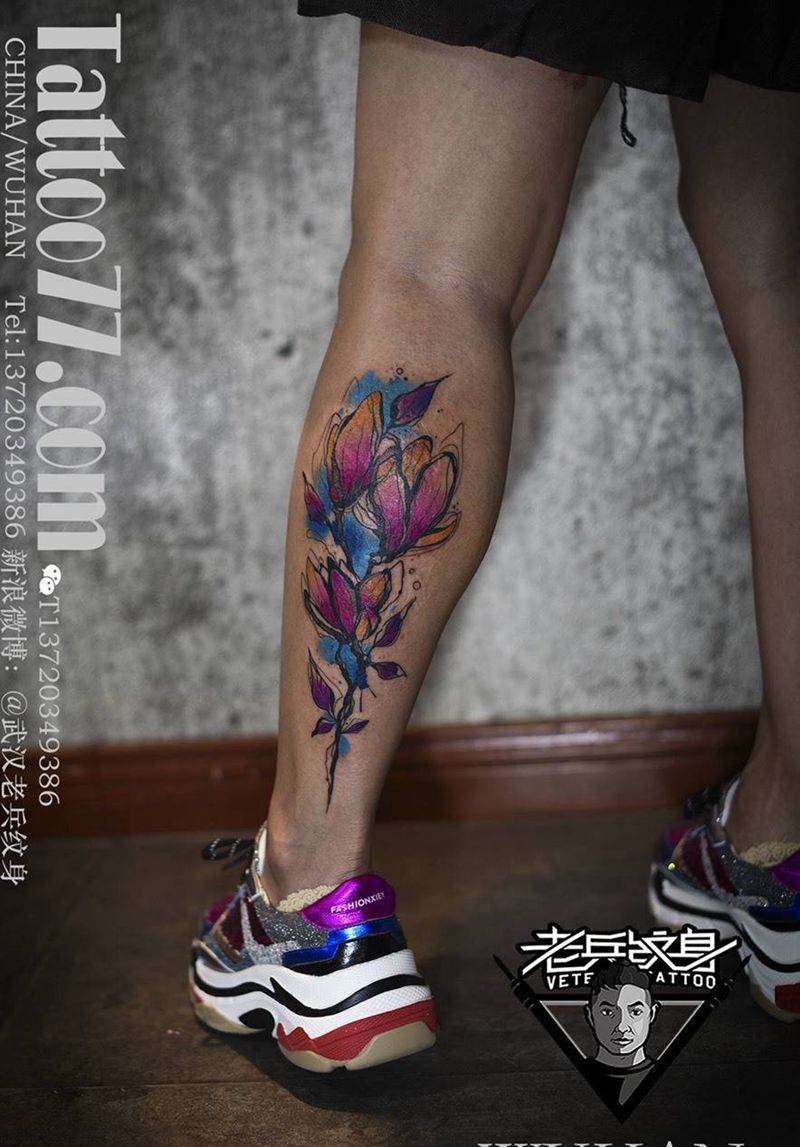 水彩花卉纹身纹身图片_成品脚部欧美植物纹身图案