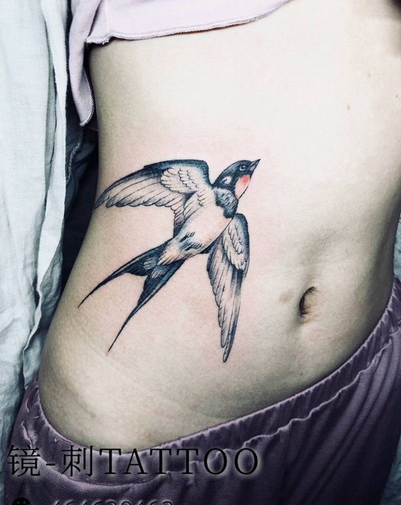水墨燕纹身图片_腹部新传统纹身图案