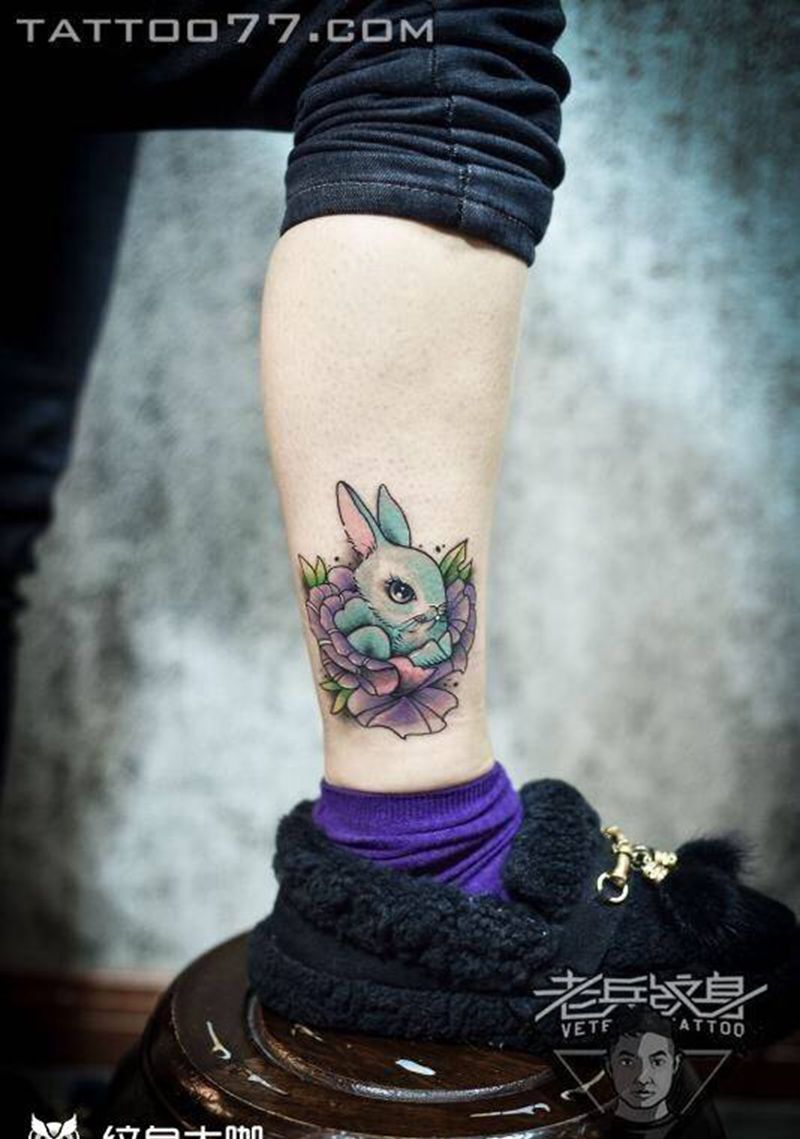小腿兔子纹身纹身图片_成品脚部动物纹身图案