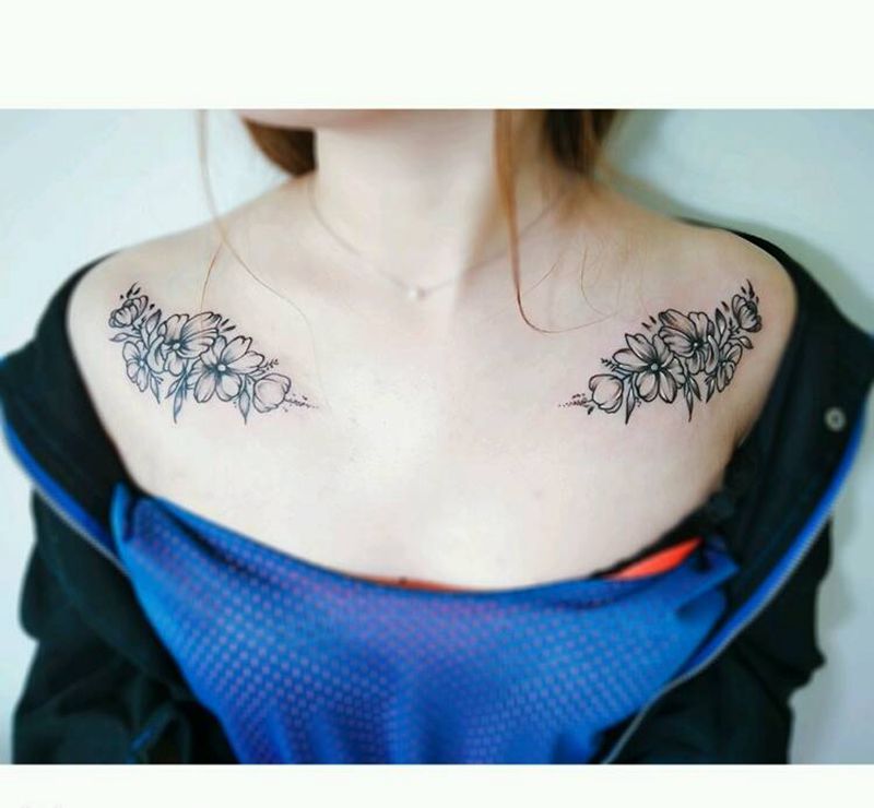 花纹身图片_胸部清新植物成品纹身图案