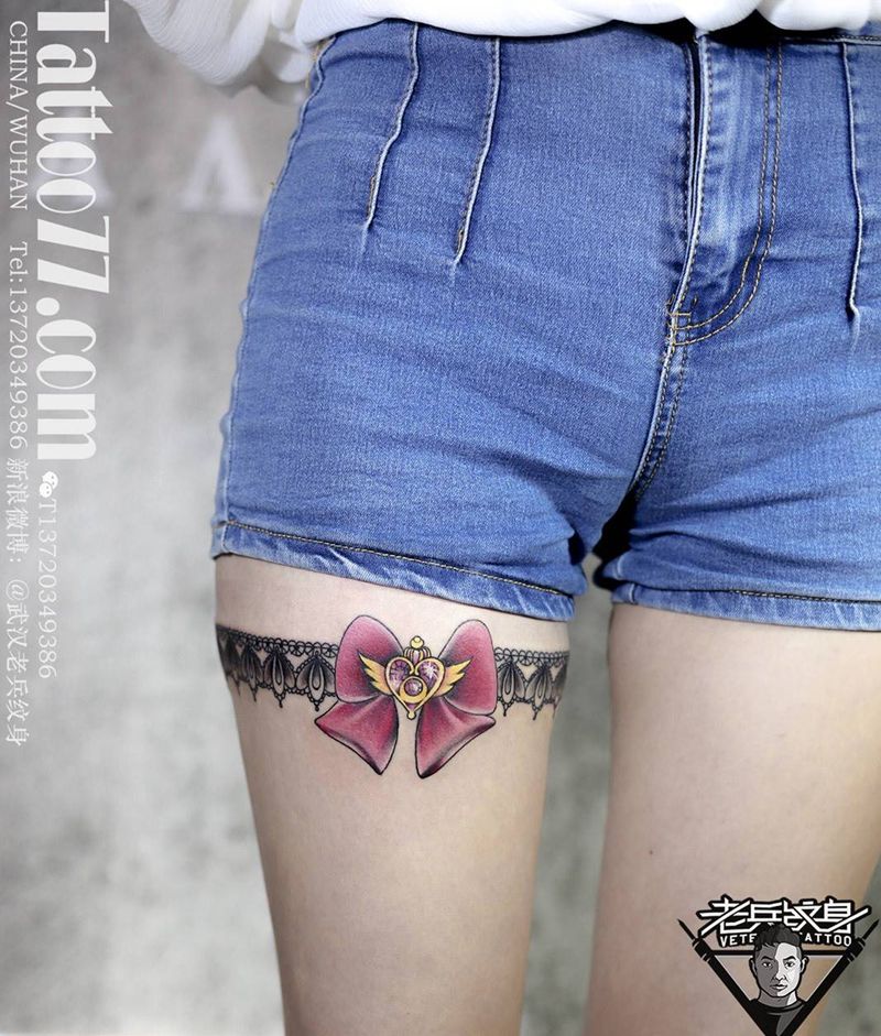 妹子大腿蕾丝蝴蝶结纹身纹身图片_成品腿部清新纹身图案