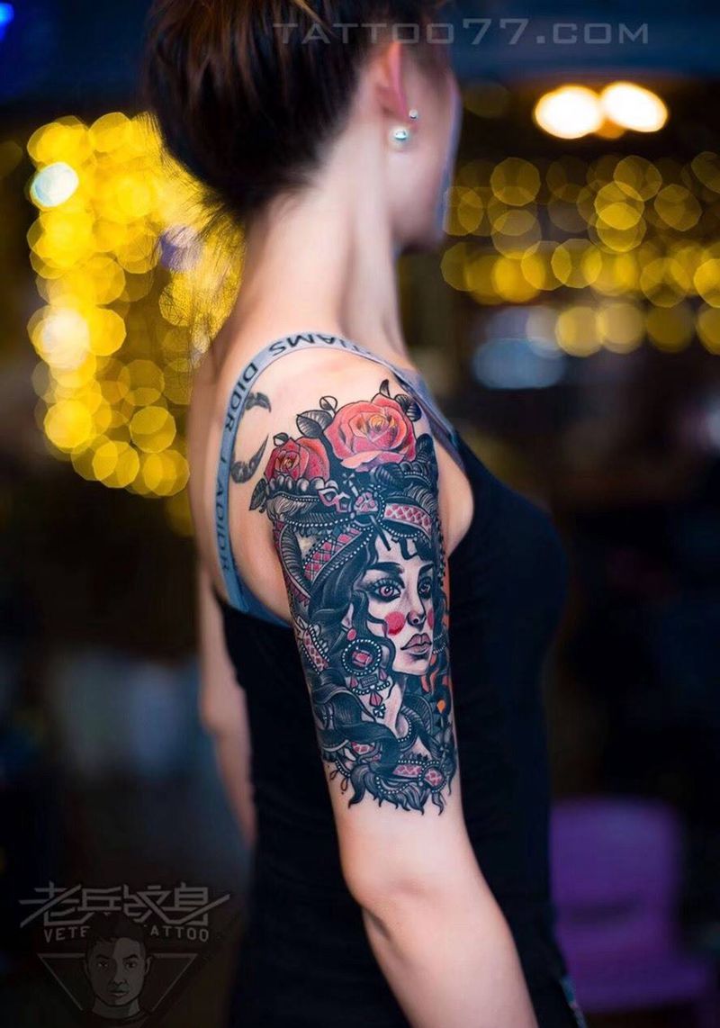 school 女郎纹身作品纹身图片_成品手臂欧美人物纹身图案