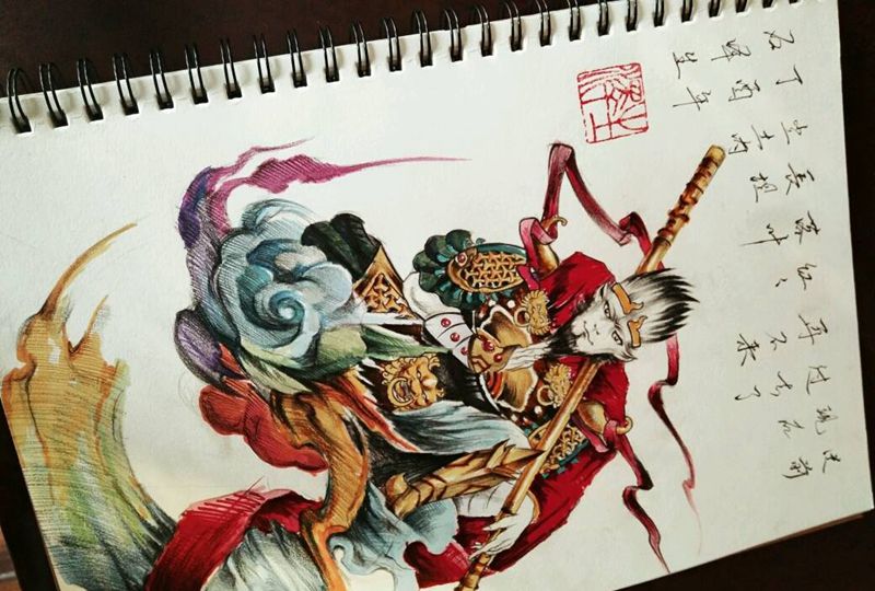 大圣娶亲纹身图片_腿部欧美传统人物原创手稿纹身图案