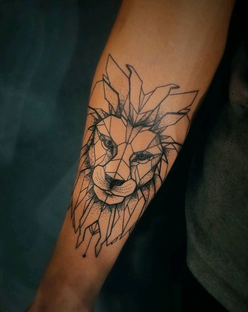 几何雄狮纹身图片_手臂欧美几何动物成品纹身图案