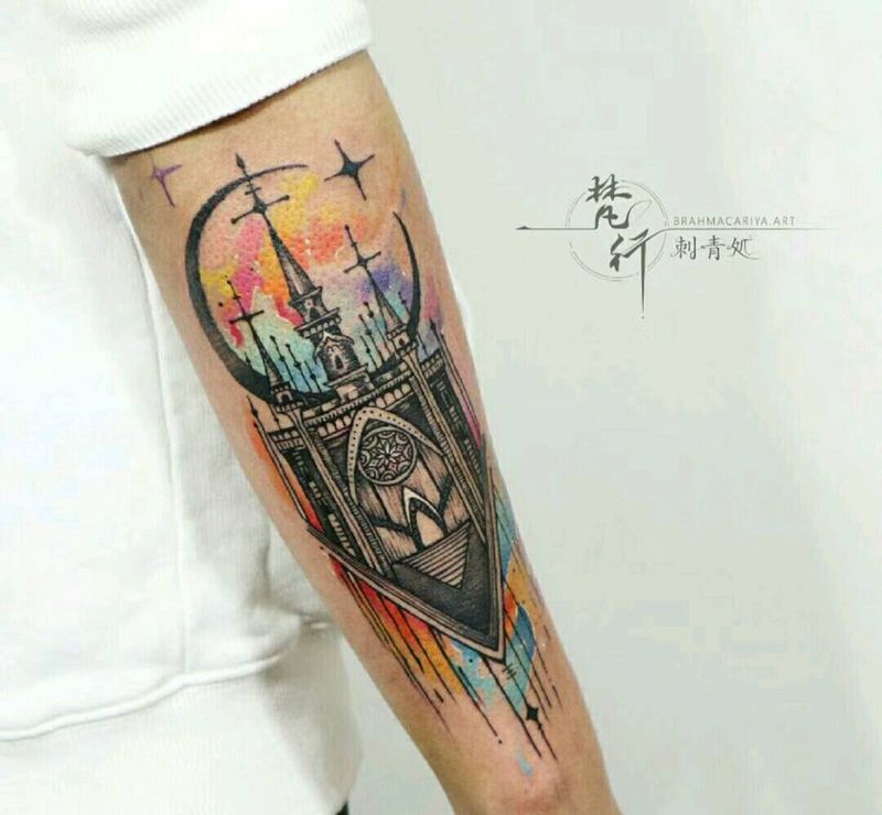 城堡纹身图片_手臂新传统城堡纹身图案