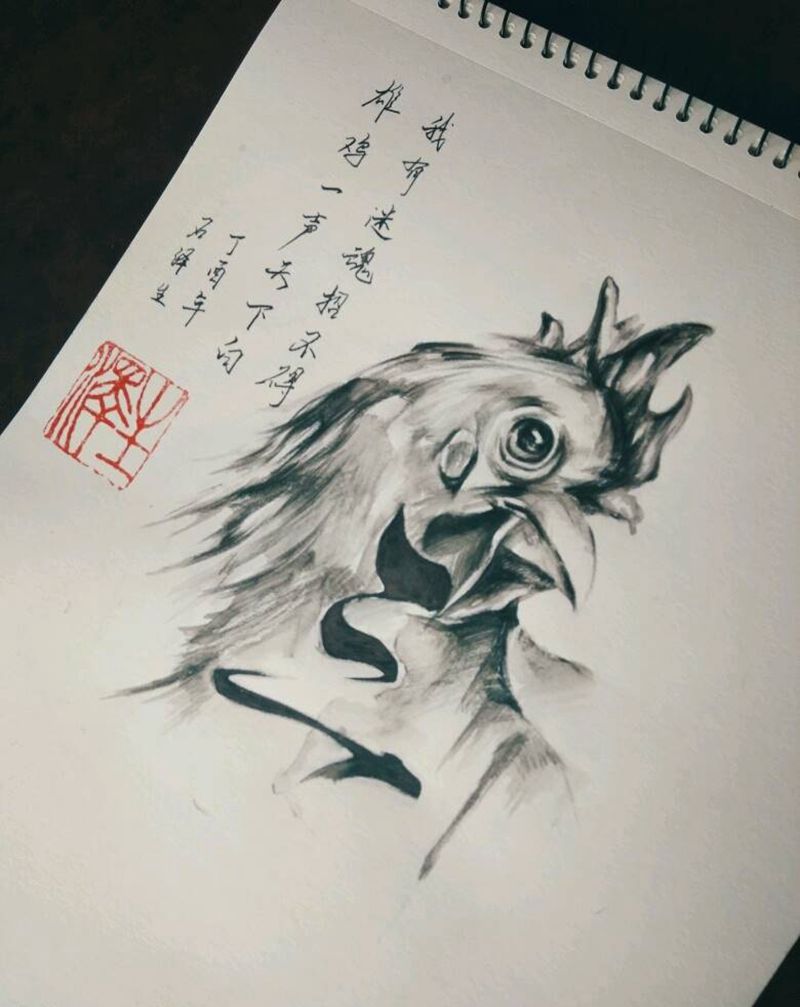 泼墨-鸡纹身图片_脚部国画动物原创泼墨手稿纹身图案