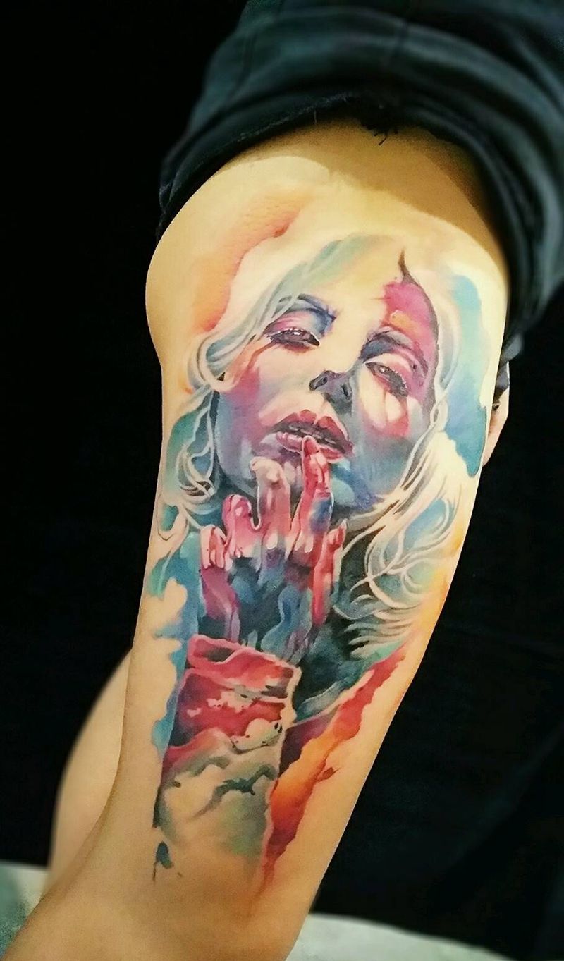欧美肖像纹身图片_腿部欧美肖像人物水彩成品纹身图案
