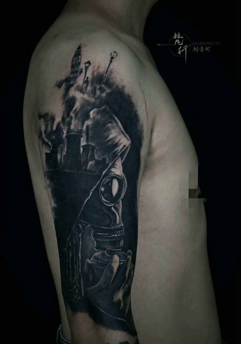 面具纹身图片_手臂老传统面具烟雾纹身图案