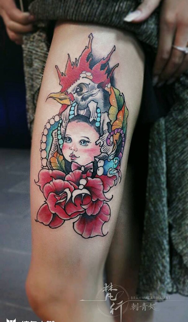 My baby纹身图片_腿部欧美清新动物人物植物原创成品纹身图案