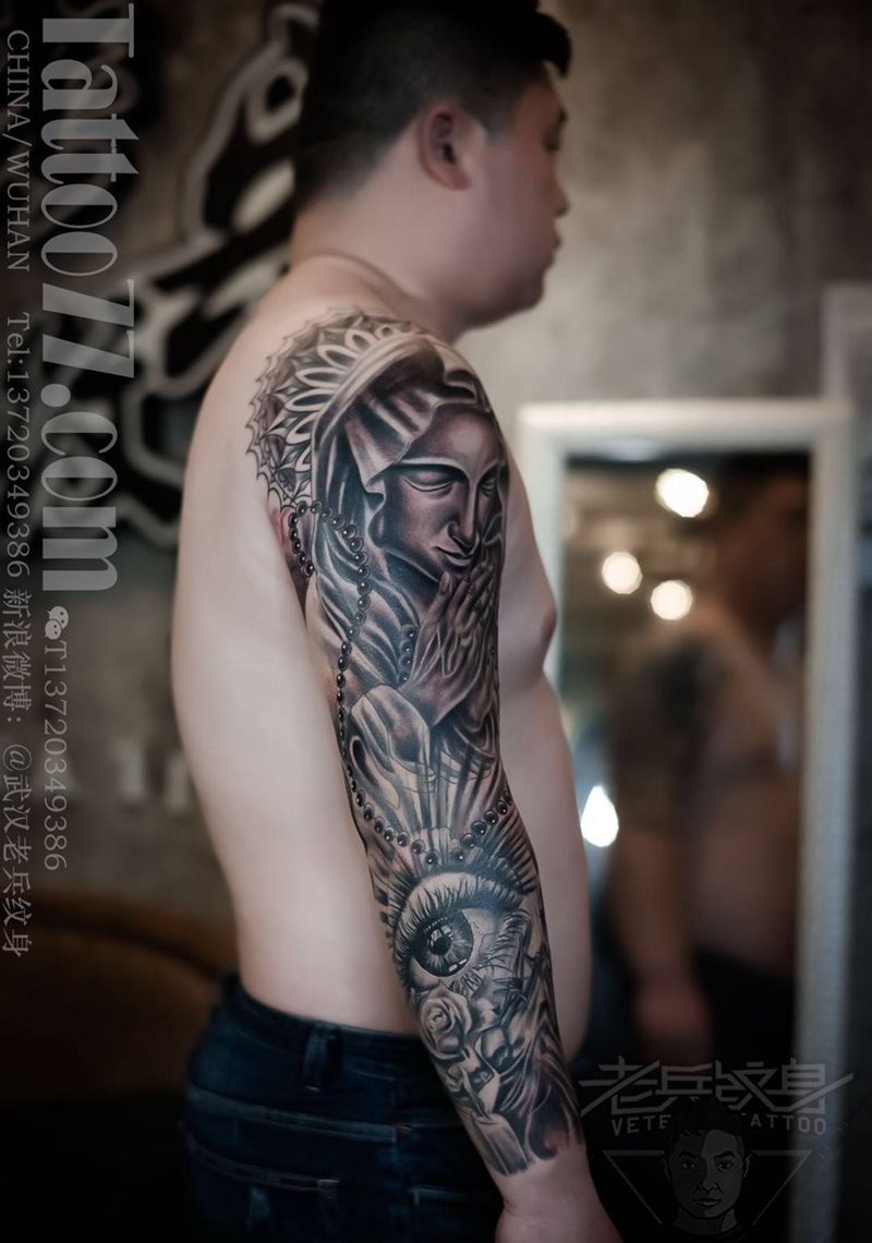 圣母之眼纹身图片_成品手臂欧美肖像人物原创宗教纹身图案