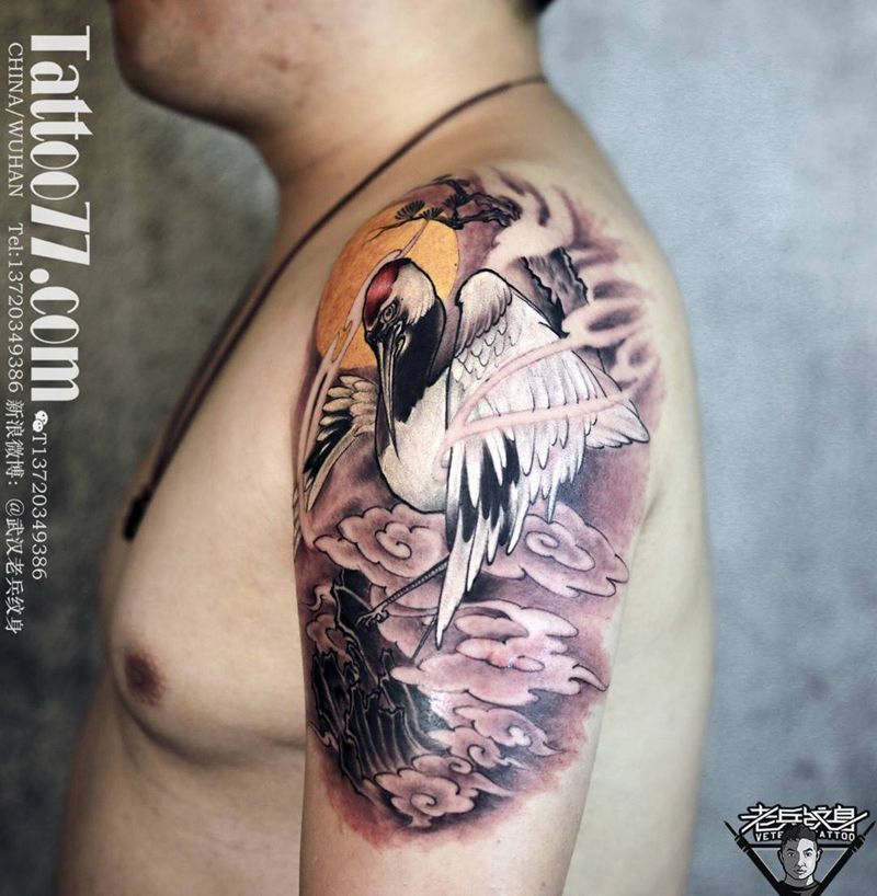 大臂仙鹤纹身作品纹身图片_成品手臂传统动物纹身图案