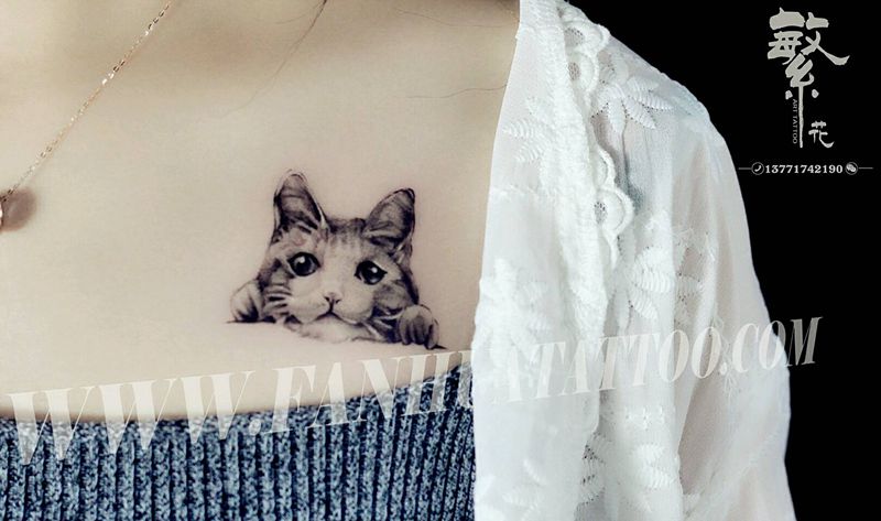 写实猫纹身图片_胸部写实动物成品纹身图案